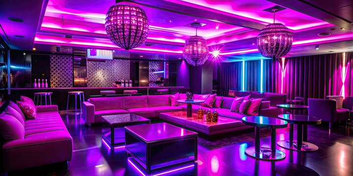 Luxurious interior of a modern nightclub with elegant furniture and colorful lighting, nightclub, luxury, interior