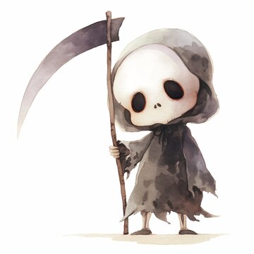 recommend clip art: Adorable grim reaper with scythe isolated on white background. Halloween celebration concept. Cute festive character. Watercolor illustration for design, print, sticker, greeting card