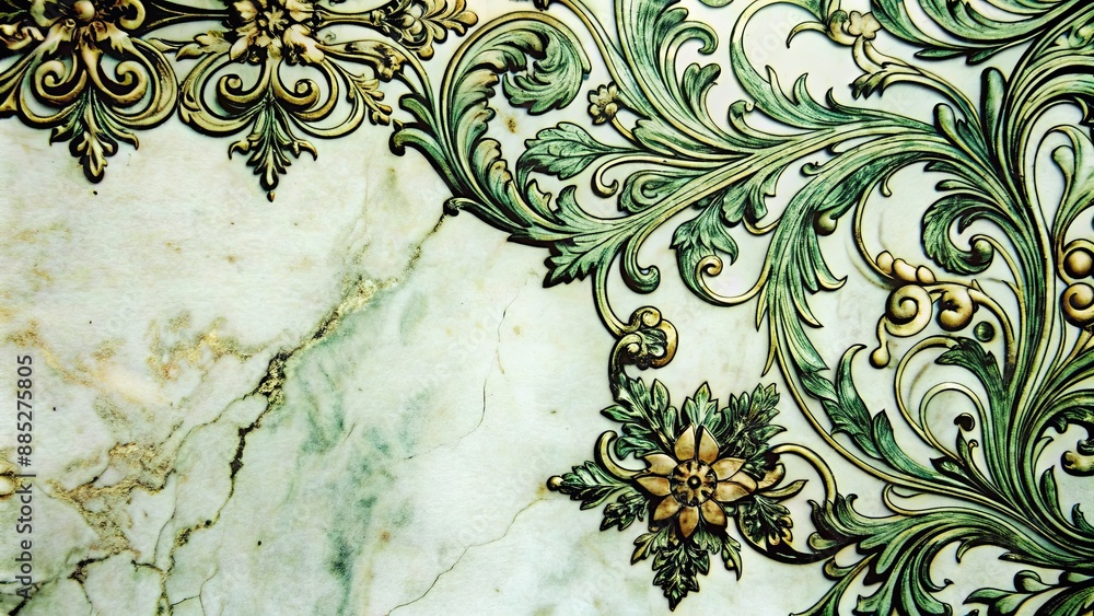 Wall mural Elegant green and gold ink design on marble background, luxurious, elegant, sophisticated, unique, texture, backdrop