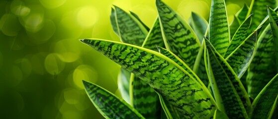 Close-up of snake plant leaves with visible texture, highlighting their intricate patterns and vibrant green color, against a blurred background