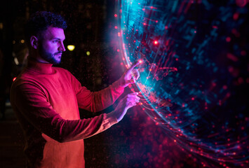 Confident engineer operating big data in metaverse