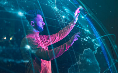 Confident businessman operating global data in metaverse