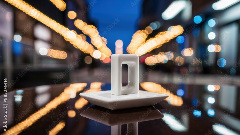 Poster a white object sitting on a table in front of some lights, ai