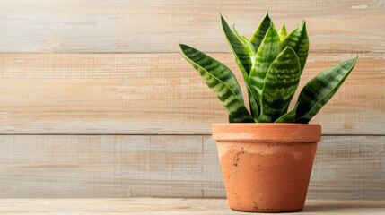 Snake plant in terracotta pot on rustic wooden table, featuring vibrant green leaves and natural light, creating a charming farmhouse vibe