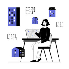 Real estate online. Woman searching house or apartments, considering location and selecting at webpage.  Vector illustration with line people for web design.