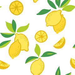 Seamless vector repeat pattern with juicy yellow lemons and green leaves tossed on white background. Summer fruit, swim, cosmetic, packaging design. Mediterranean and Italian food backdrop.