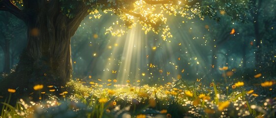 A beautiful and warm landscape with brilliant sunlight shining in a deep forest with large trees and small grass.