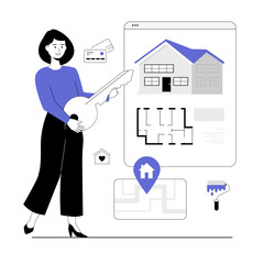 Real estate online. Mortgage loan. Woman buying house or renting apartment, virtual housing tour. Vector illustration with line people for web design.