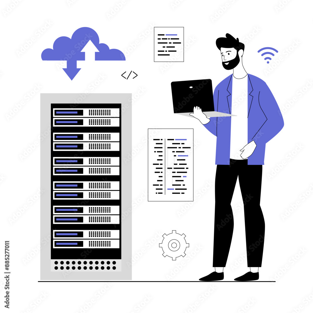 Aufkleber cloud computing, storage concept. engineer works in server room, developing, maintenance hardware. v
