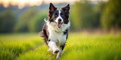 Playful border collie dog running in a open field, border collie, dog, playful, running, field, grass, energetic, happy, pet