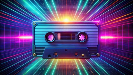 Retro cassette tape surrounded by neon and glitch effects, retro, cassette tape, vintage, neon, glitch, music