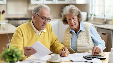 A senior couple is sitting at a table in their home, managing finances together. The man is holding documents while the woman is using a calculator. They are both focused on the task, reviewing papers