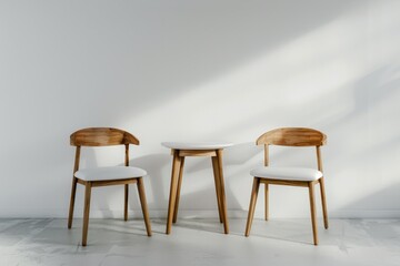 Table Chairs. Modern Interior Design with White Wall, Wooden Chairs, and Table. 3D Rendering