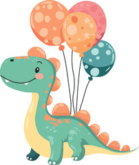 Cute dinosaur with balloons. Happy birthday greetings.  Vector illustration