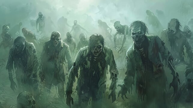 A horde of zombies shuffles through a dense fog