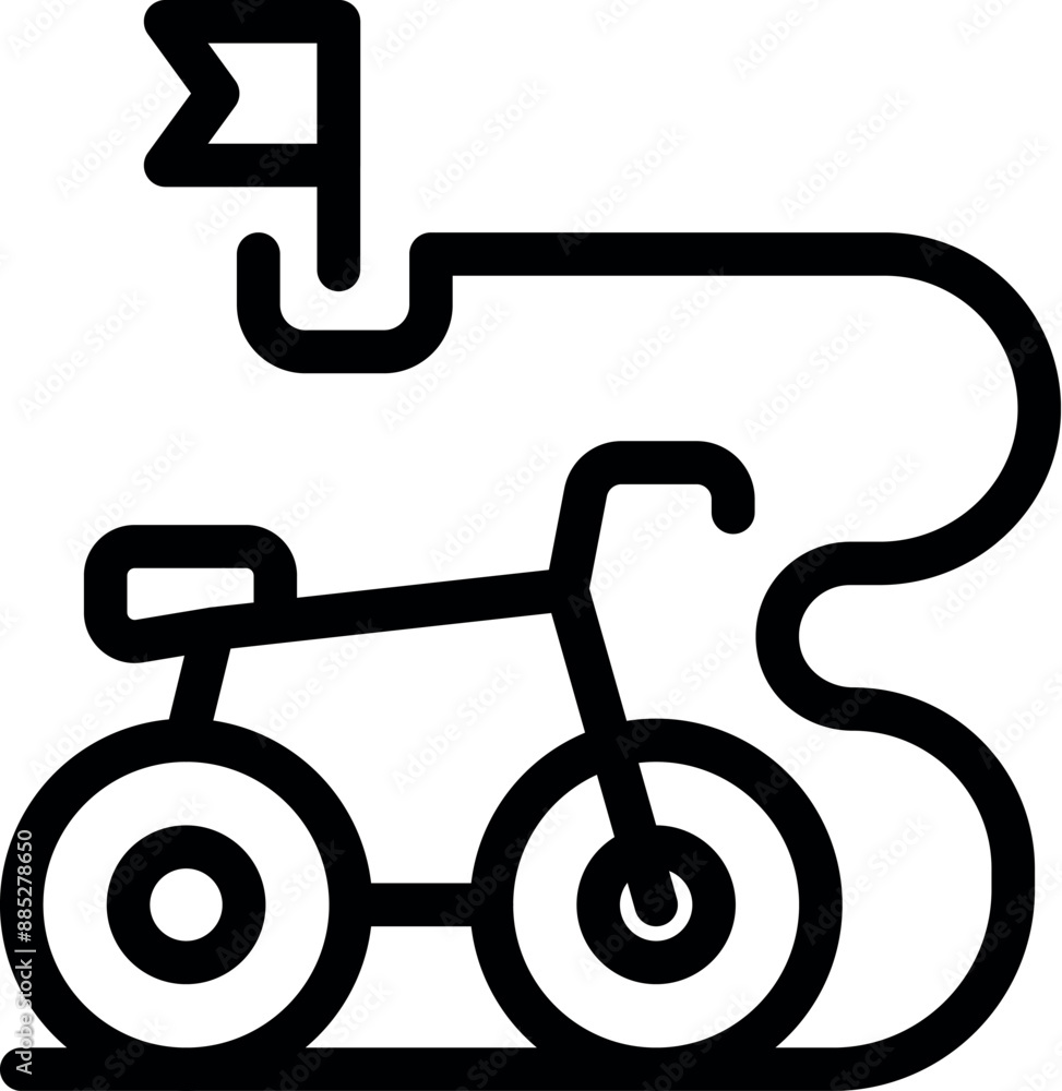 Poster simple line icon of a bicycle following a route with a finish line flag