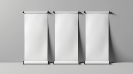 Three blank roll-up banners standing side by side against a gray background, ready for customization or advertisement display.