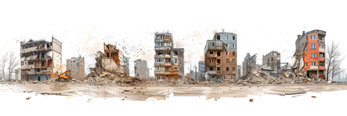 Urban building demolition site with debris destruction and renewal transparent background