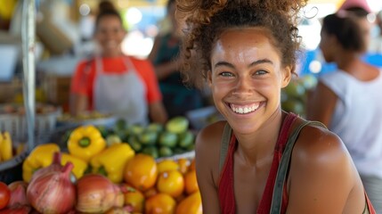 Fototapeta premium A cheerful woman is smiling at a market stand filled with fresh vegetables. Her expression is warm, and the setting radiates a vibrant and healthy community.