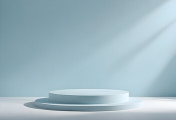 Fototapeta premium Blank circle-shaped two-step light blue podium for product advertising. On the light blue background with shadow on the right side