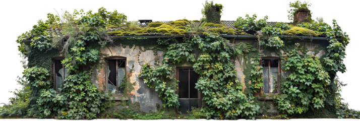 Abandoned house covered with lush green vegetation urban decay transparent background