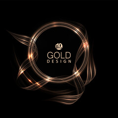 Isolated golden round frame with ribbons and glitter on a black background.