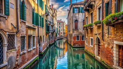 Obraz premium Narrow street with medieval buildings and water channel in Venice, Italy , Venice