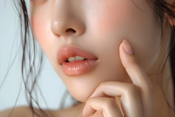 Obraz premium Close-up shot of a beautiful Asian model girl with good skin posing for a beauty advertisement for cosmetics, skin care, etc.