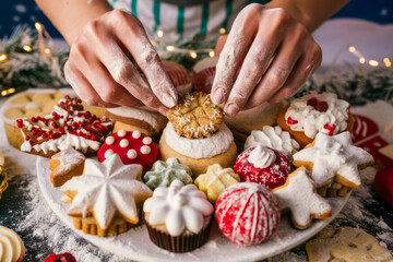 Holiday Baking. A close-up of hands baking and decorating Christmas cookies, cakes, or other treats, perfect for promoting baking supplies or culinary classes. Concept of baking and patisserie. baking