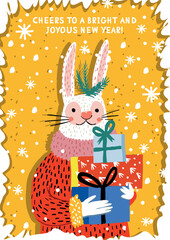 Vector Illustration Christmas and New Year Retro Banner – Hand-Drawn Festive Art with Bright Colors and Cheerful Vibes