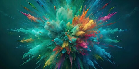 Fototapeta premium Explosion of multicolored paint on dark background, burst of colorful powder, abstract pattern of colored dust explode, spectrum