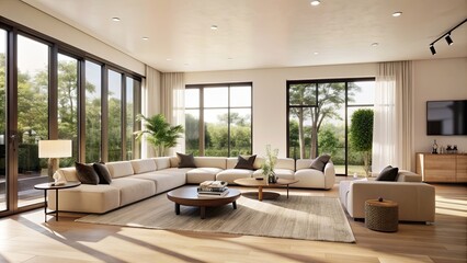 Fototapeta premium Minimalist living room with abundant natural light streaming through large windows , clean, simple, bright, airy