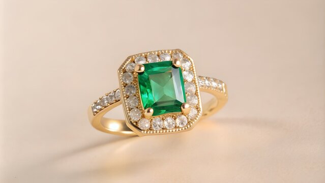 Luxurious gold ring with cushioncut emerald and diamond halo