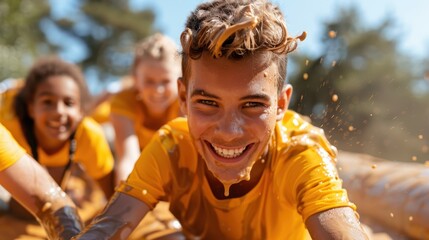 A young boy smiles brightly while participating in a muddy obstacle race, expressing the sheer joy, excitement, and adventurous spirit of the outdoor activity.