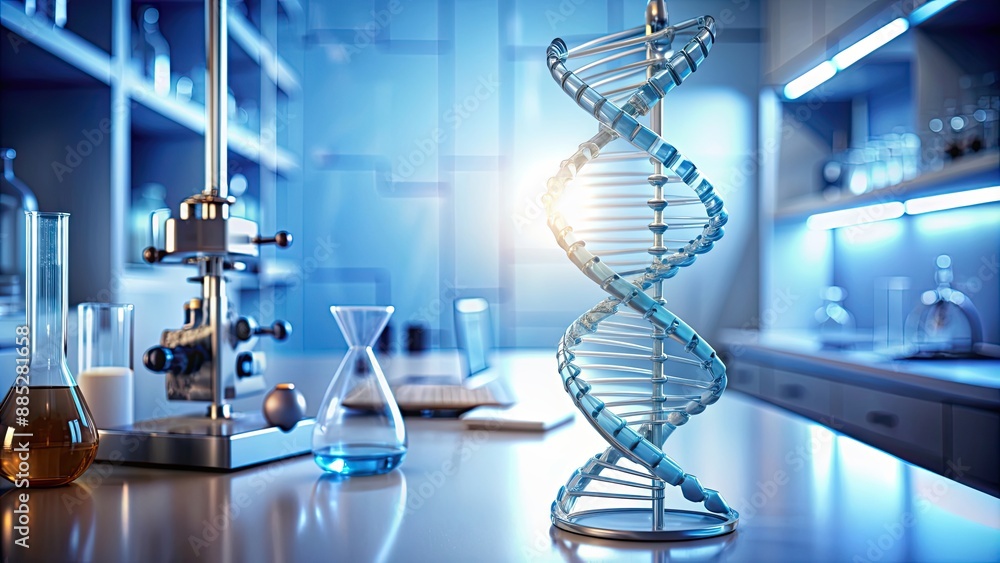 Poster DNA strand in a laboratory setting with scientific equipment, genetics, research, biology, testing