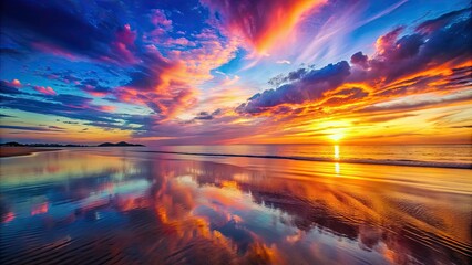 Vibrant sunset on a tranquil beach with colorful sky reflected on the water, sunset, beach, ocean, horizon, twilight, dusk