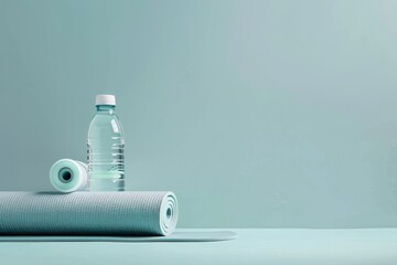 Modern minimalist illustration with rolled up yoga mat and water bottle.
