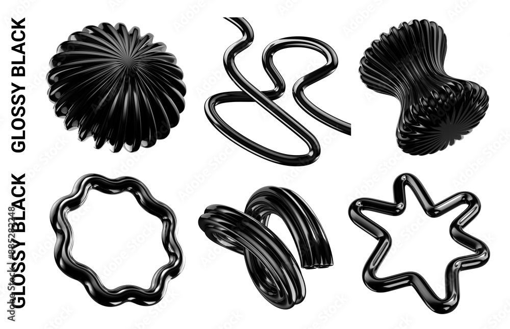 Poster abstract geometric glossy black 3d shapes. wavy squiggle lines, distorted black 3d objects and eleme