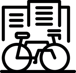 Line icon of a bicycle parked in front of buildings, representing urban commuting and sustainable transportation