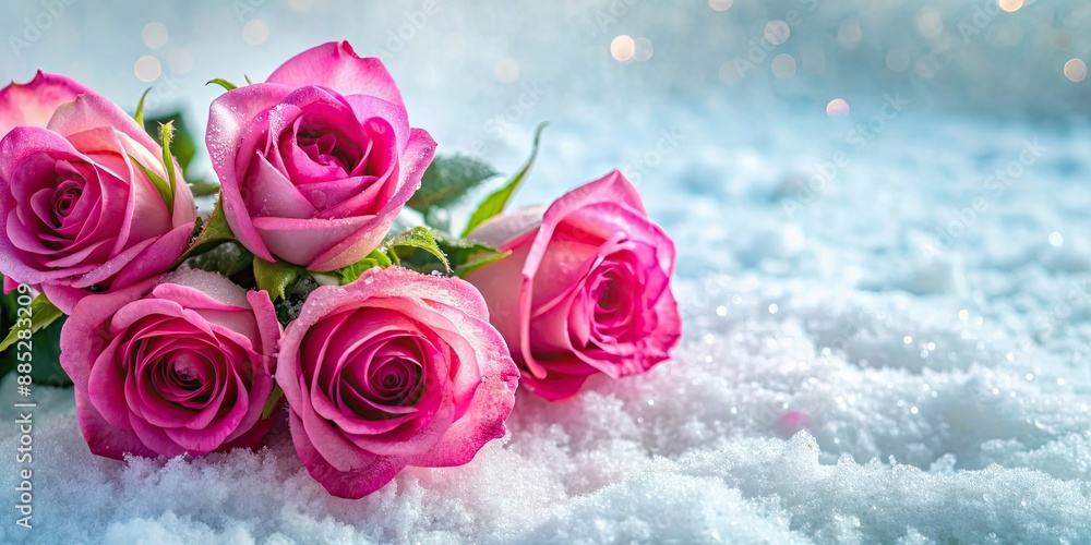 Poster Pink roses contrasting beautifully against a background of snow , winter, flowers, nature, floral, botanical, pink, petals