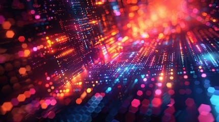 Fototapeta premium A vibrant, neon-colored geometric technology background. It features interconnected glowing lines and squares, creating a futuristic and dynamic look.