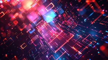 Obraz premium A vibrant neon-colored abstract background featuring geometric patterns with a technological theme. Glowing lines and shapes create a futuristic digital circuit board appearance.