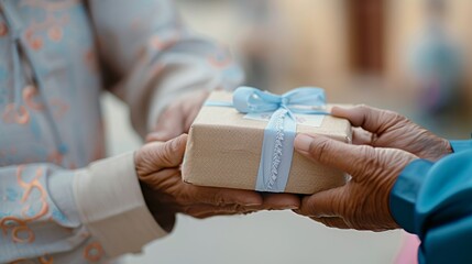 Elderly Hands Giving Wrapped Gift with Blue Ribbon
