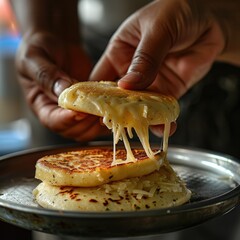 Close Up Of A Hand With A Colombian Arepa with cheese