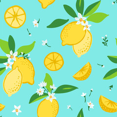 Seamless vector repeat pattern with yellow lemons and blossom flowers toss on bright aqua teal. Summer fruit, swim, beach design, juice, food, picnic, cooking, mediterranean, Italian food backdrop