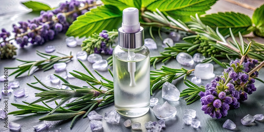 Canvas Prints Fresh herbal spray bottle surrounded by ice, herbs, and lavender , Herbal, spray bottle, yellow, ice, fresh, green