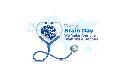 Vector illustration of World Brain Day. Brain design with doctor stethoscope and world map on white background.