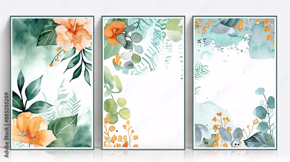 Poster three watercolor art posters with a continuous image, creating a harmonious and stylish wall display