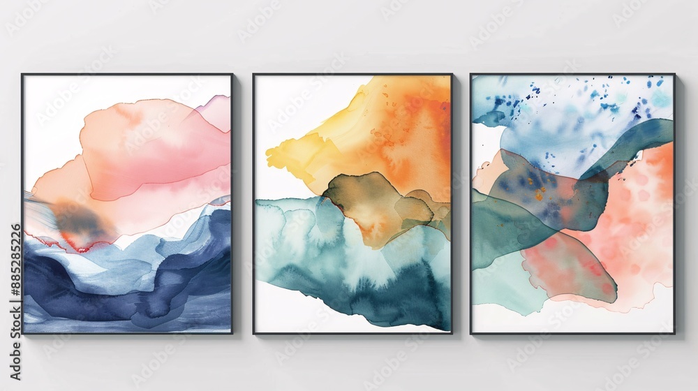 Fototapete three modern watercolor art posters with a continuous flow, seamlessly connected on a white backgrou