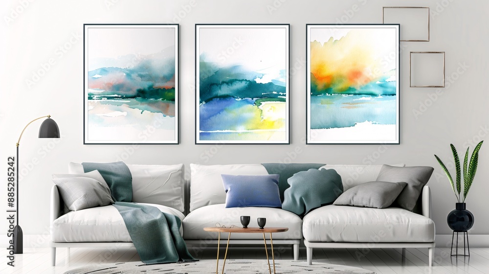 Poster three watercolor art posters with a continuous image, creating a harmonious and stylish wall display